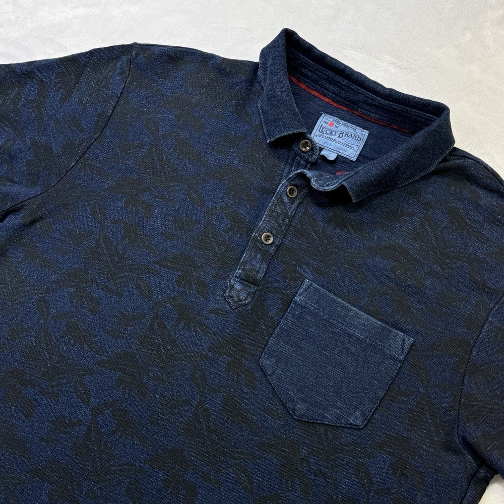 Lucky Brand True Indigo‎ Floral Polo Shirt Mens Small Blue Pocket Polo